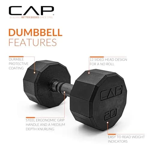 CAP 20 lb Rubber Coated Dumbbell Pair | Anti-Roll 12-Sided Design for Home & Gym thumbnail 4