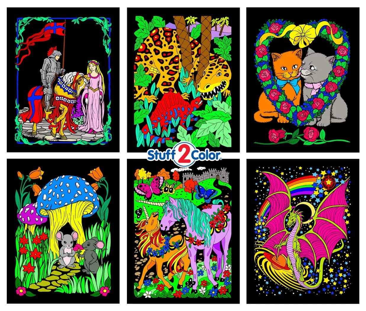 Stuff2Color Unicorns, Mice, Dinosaur, Dragons, Kittens, Knight - 6 Pack of Fuzzy Velvet Coloring Posters (Arts and Crafts Fun for All Ages)