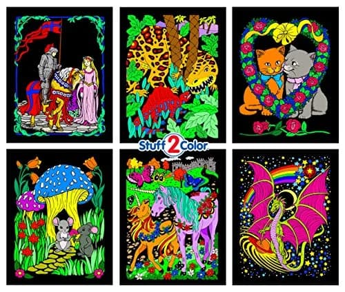Stuff2Color Unicorns, Mice, Dinosaur, Dragons, Kittens, Knight - 6 Pack of Fuzzy Velvet Coloring Posters (Arts and Crafts Fun for All Ages) thumbnail 1