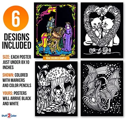 Stuff2Color Unicorns, Mice, Dinosaur, Dragons, Kittens, Knight - 6 Pack of Fuzzy Velvet Coloring Posters (Arts and Crafts Fun for All Ages) thumbnail 2