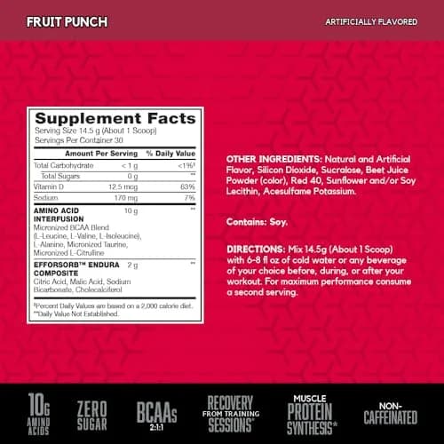 BSN Amino X BCAAs Recovery Powder Fruit Punch 435 g (15.3 oz) | Supports Muscle Recovery & Endurance thumbnail 2