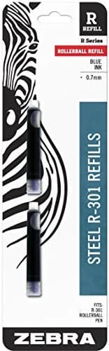 Zebra R-301 Stainless Steel Rollerball Pen Refill, Blue Ink, 2-Count | Ultra-smooth, durable refill for Zebra pens thumbnail 1