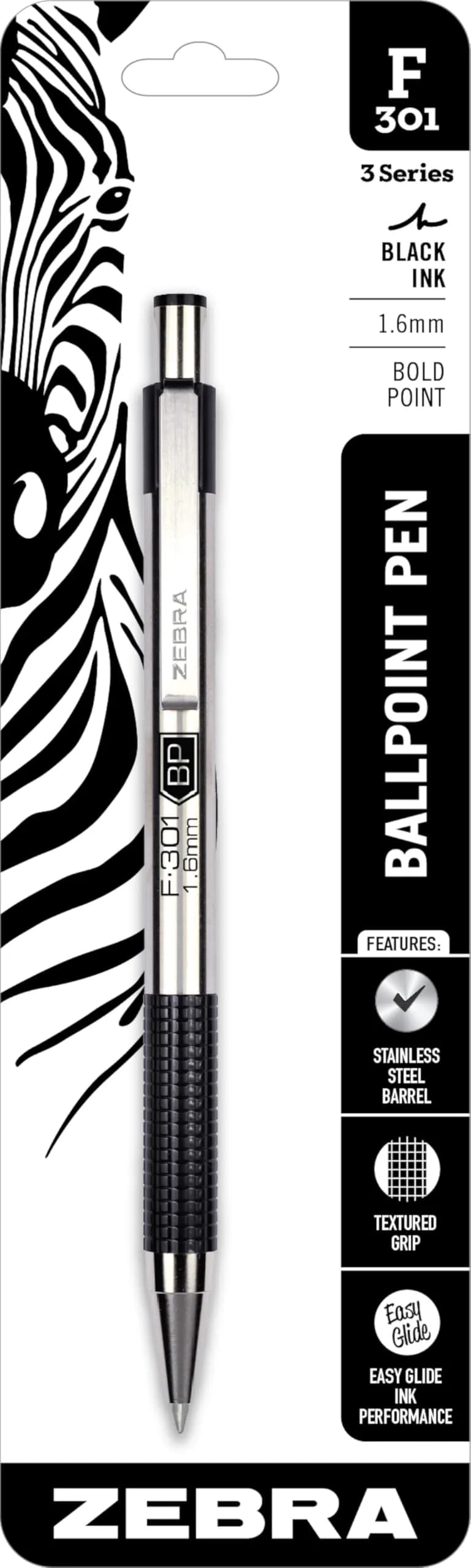 Zebra Pen STEEL F-301 Retractable Ballpoint Pen, Black Ink, 1.6mm (Bold Point), 1-Pack | Smooth Ink Flow for Office & School — Black A