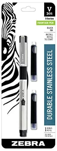 Zebra Pen V-301 Fountain Pen, Stainless Steel Barrel, Fine Point 0.7mm, Black Ink, 1-Pack with Refill | Smooth Ink Flow for Everyday Writing thumbnail 1
