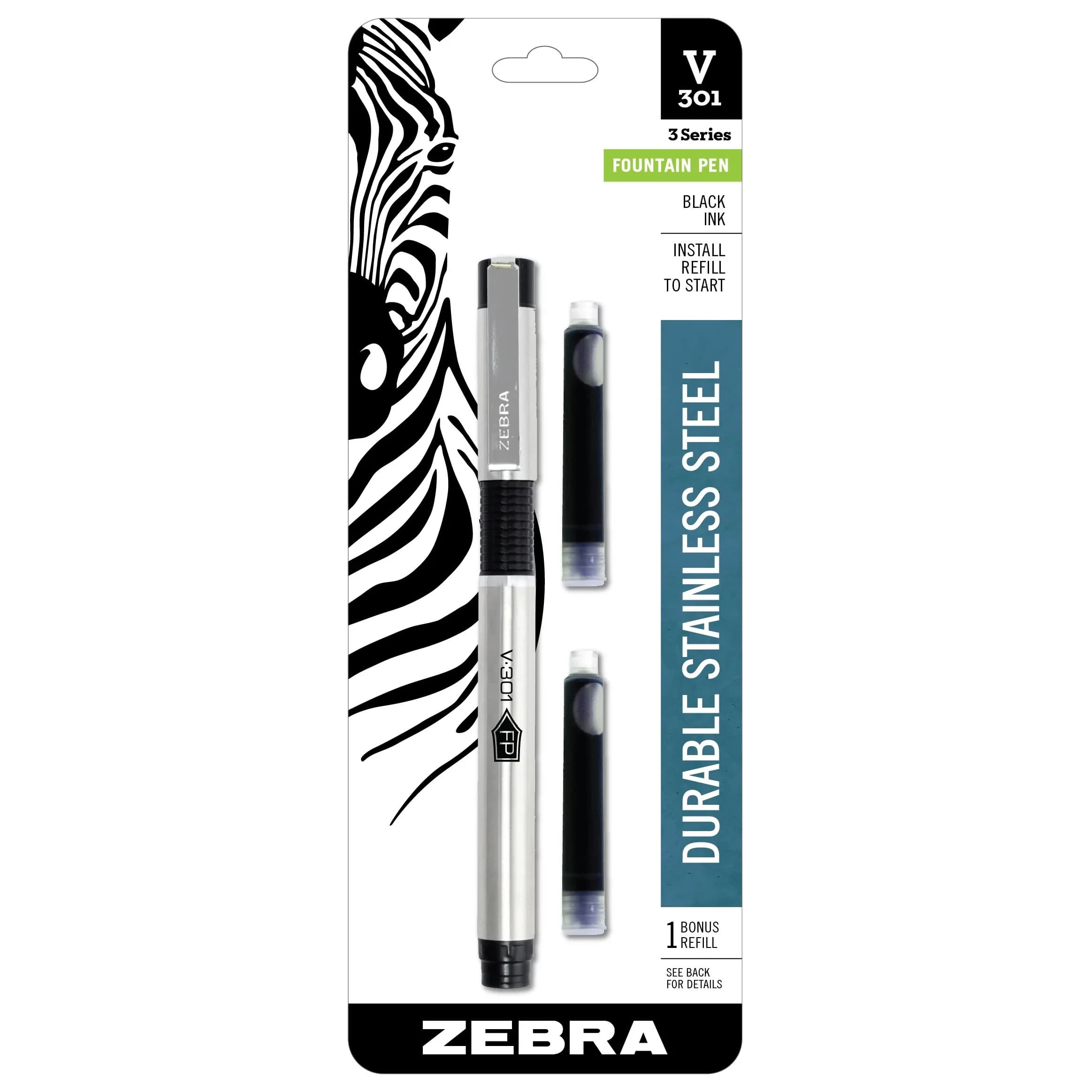 Zebra Pen V-301 Fountain Pen, Stainless Steel Barrel, Fine Point 0.7mm, Black Ink, 1-Pack with Refill | Smooth Ink Flow for Everyday Writing - main product image