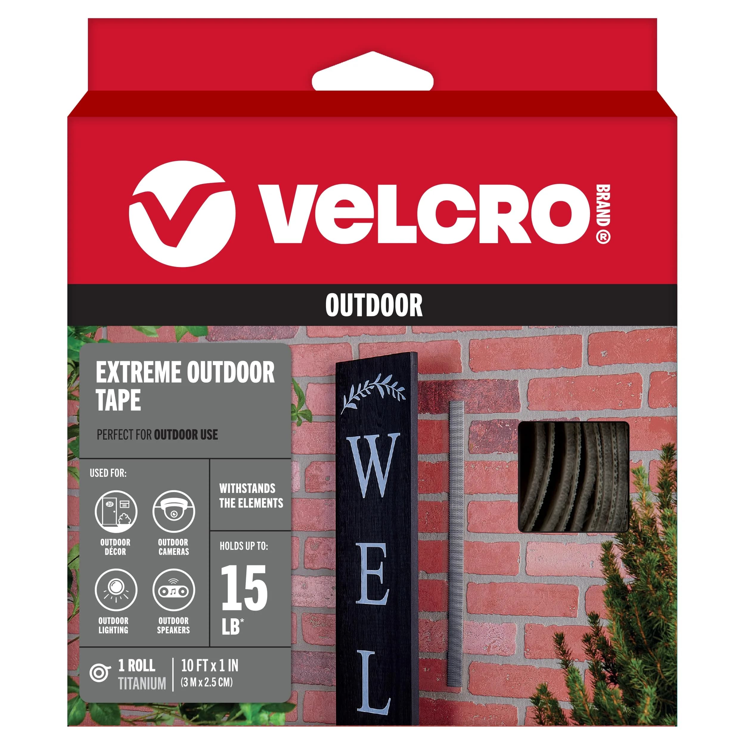 VELCRO Brand Extreme Outdoor Tape Titanium 10ft (3.05m) Roll | Holds Up to 15 Lbs (6.8 kg) | UV & Weather Resistant