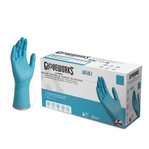 GLOVEPLUS HD Medical Blue Nitrile Gloves 8 mil, 12" Long | Powder-Free, Textured, Latex-Free, Extra Large thumbnail 1
