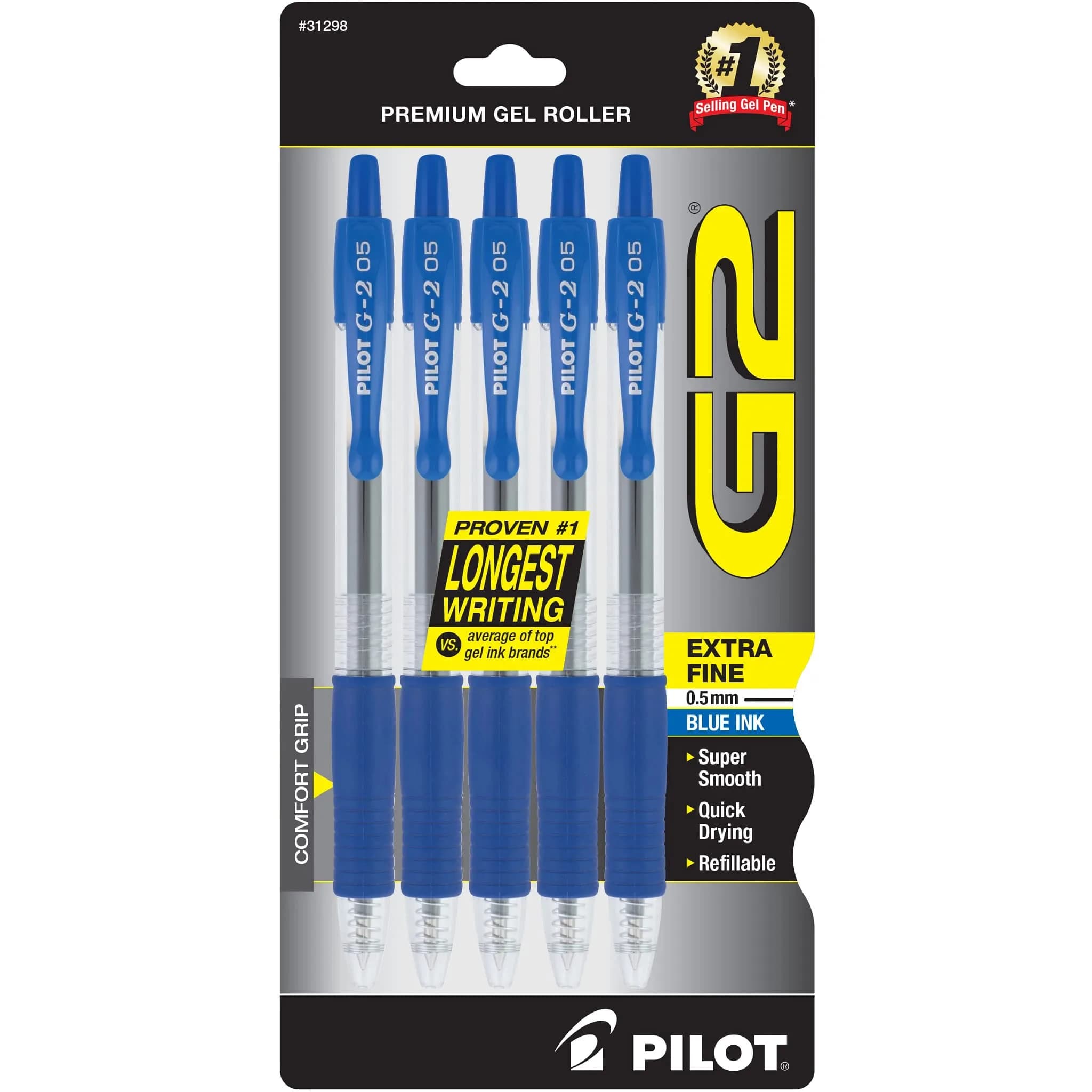PILOT G2 Premium Refillable Gel Pens, Extra Fine Point 0.5mm, Blue Ink, 5-Pack | Smooth Writing & Long-Lasting