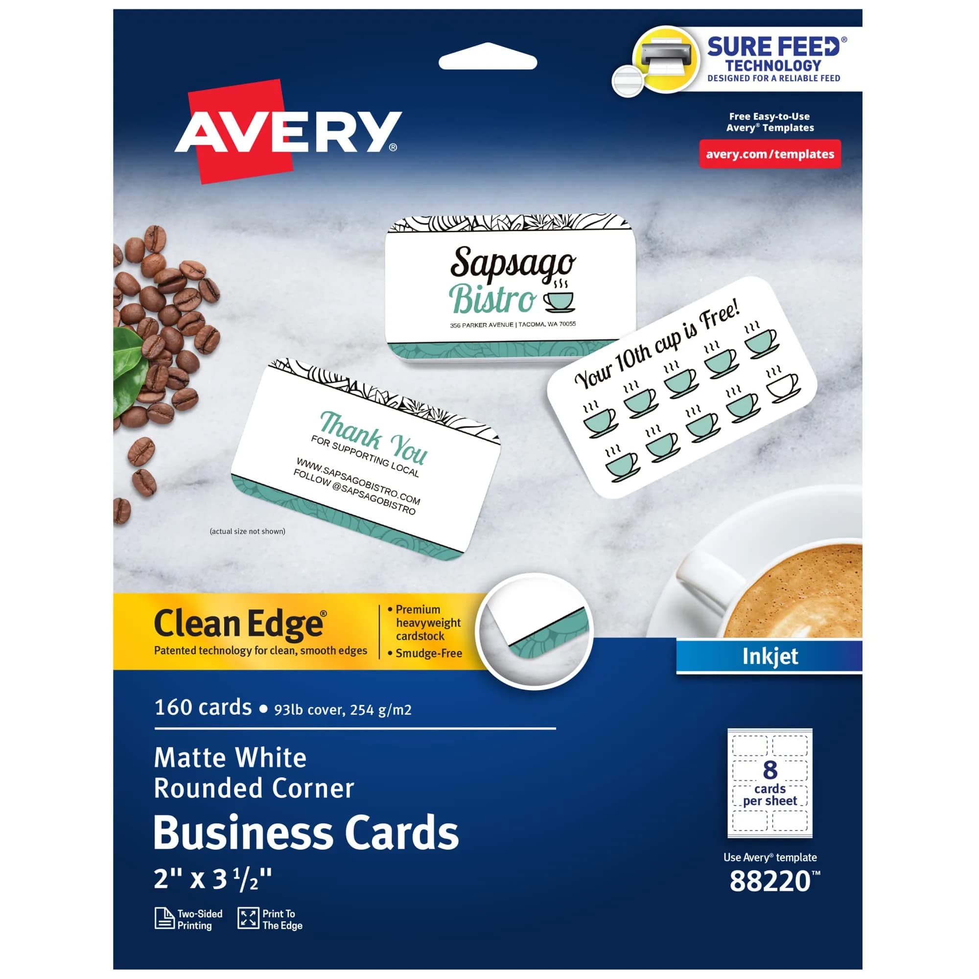 Avery Clean Edge Printable Business Cards with Sure Feed Technology, Rounded Corners, 160 Cards (25ml / 0.811 Fl Oz) | Professional Cards for Inkjet Printers