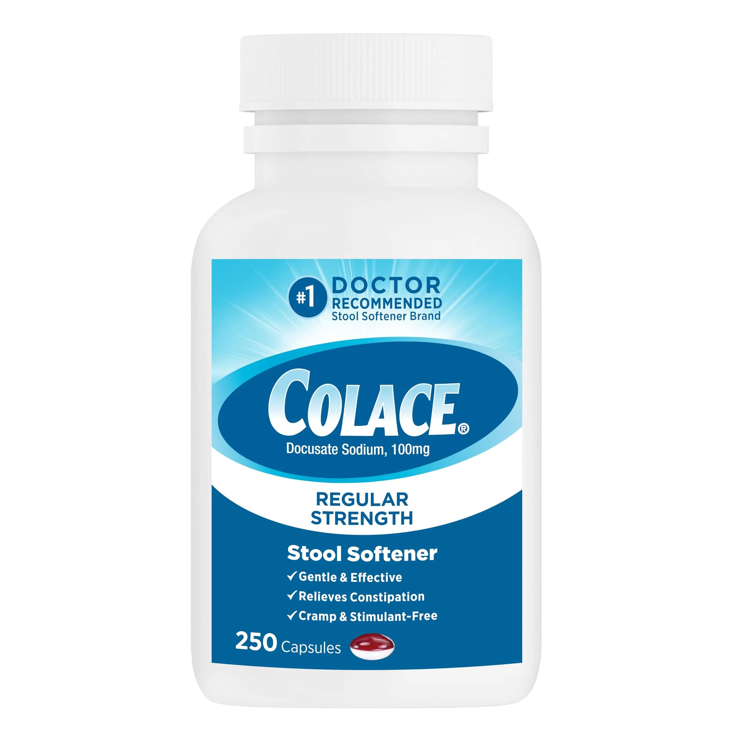 Colace Regular Strength Stool Softener Capsules 100 mg (250 Count) | Gentle Constipation Relief for Adults