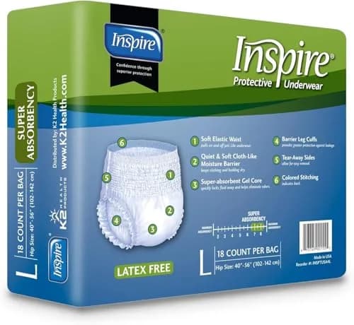 Inspire Protective Underwear for Men and Women | Adult Diapers for Bowel Incontinence | Disposable Underwear for Women and Men - 4 Bags of 18 | 72 Total (Large) thumbnail 8