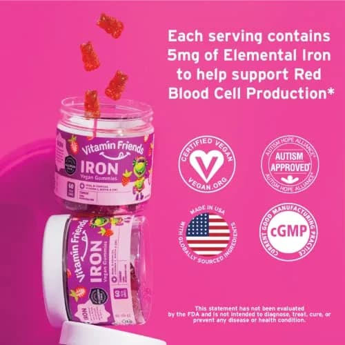 Vitamin Friends Vegan Multivitamin & Iron for Kids Gummies 60 Count (120 Day Supply) | Supports Body Function & Anemia thumbnail 4
