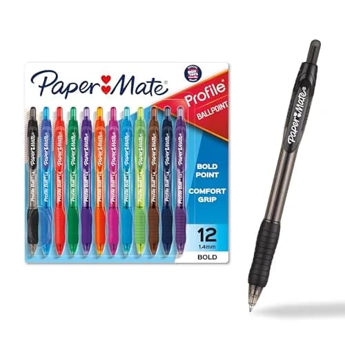 Paper Mate Profile Retractable Ballpoint Pens, Bold Point (1.4mm), Assorted Colors, 12 Count | Smooth Ink Flow thumbnail 1