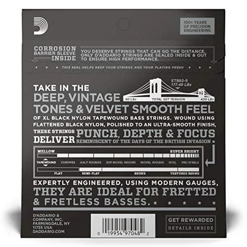D'Addario ETB92-5 Tapewound Bass Strings 50-135 Gauge, 5-String, Long Scale | Warm Deep Tone, Smooth Feel thumbnail 3