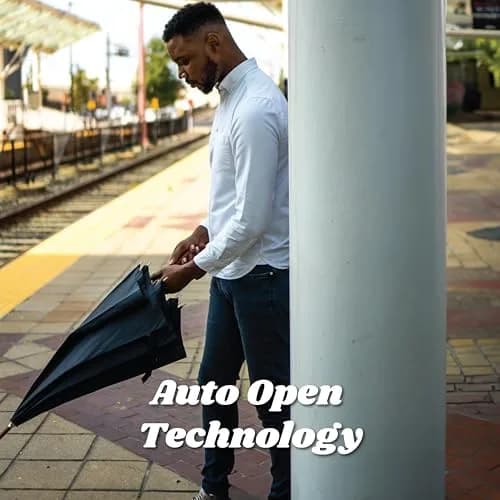 Totes Auto Open Water Repellent Stick Umbrella with Classic Wood J Hook Handle | 48" Canopy, Water-Resistant, Auto Open thumbnail 6