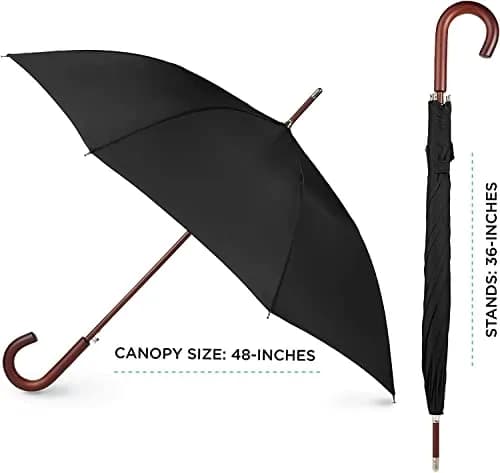 Totes Auto Open Water Repellent Stick Umbrella with Classic Wood J Hook Handle | 48" Canopy, Water-Resistant, Auto Open thumbnail 7
