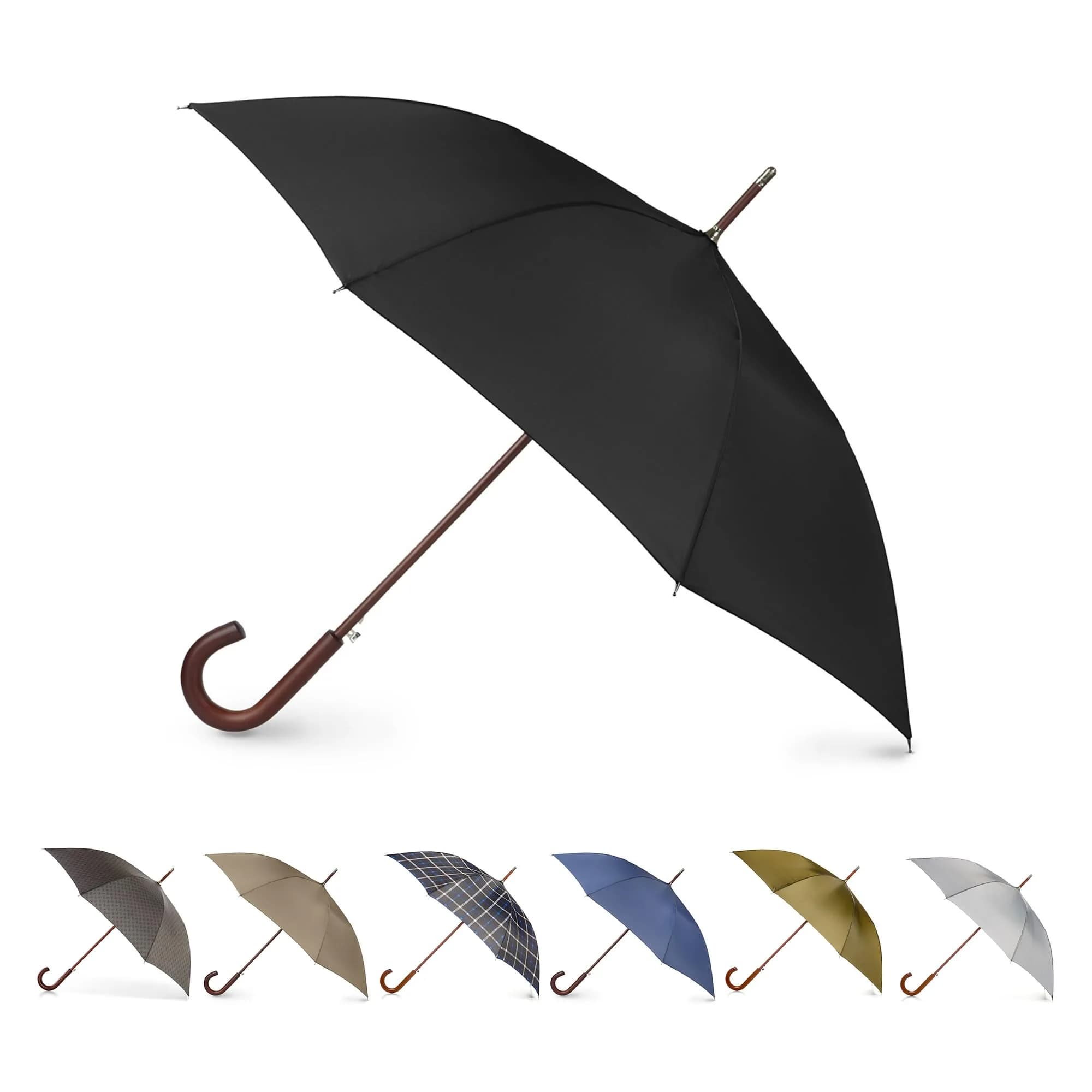 Totes Auto Open Water Repellent Stick Umbrella with Classic Wood J Hook Handle | 48" Canopy, Water-Resistant, Auto Open - main product image