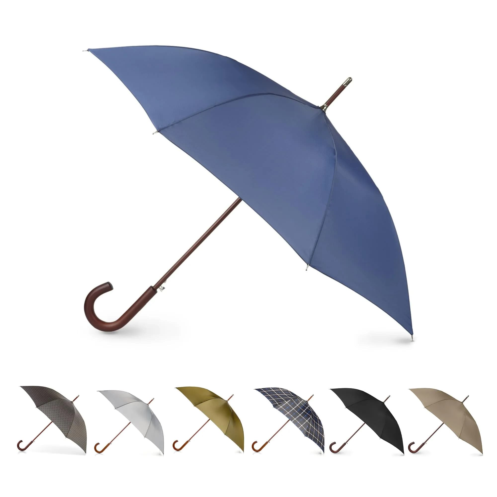Totes Auto Open Water Repellent Stick Umbrella with Classic Wood J Hook Handle | 48" Canopy, Water-Resistant, Auto Open — Blue