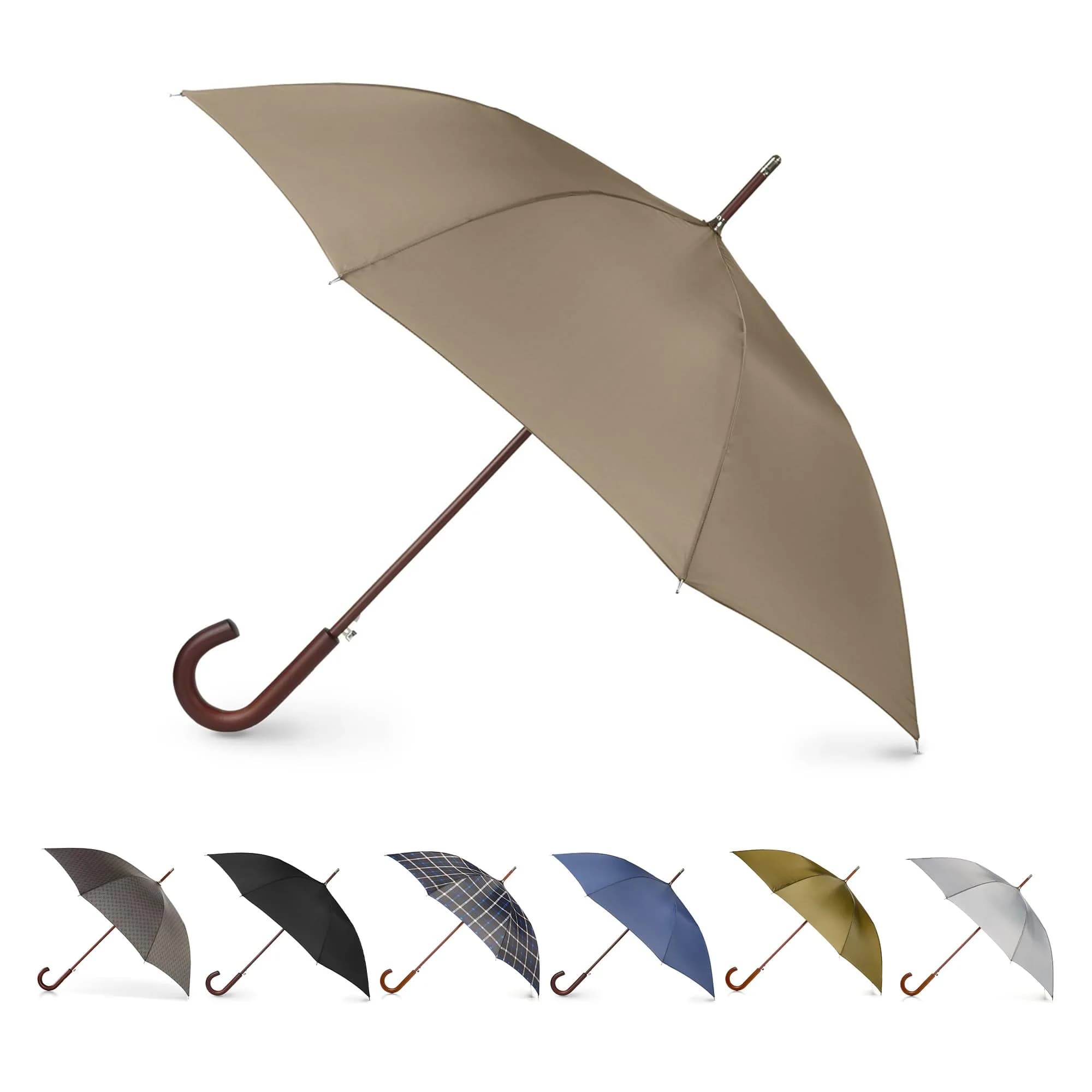 Totes Auto Open Water Repellent Stick Umbrella with Classic Wood J Hook Handle | 48" Canopy, Water-Resistant, Auto Open — Beige