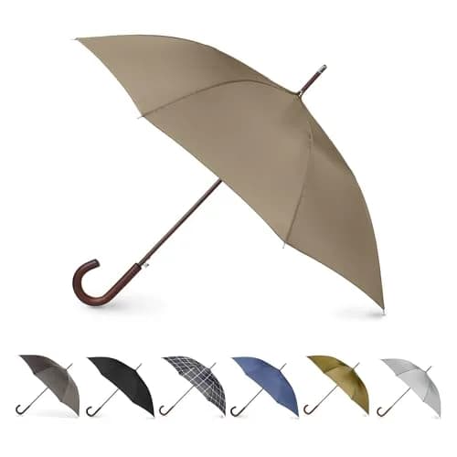 Totes Auto Open Water Repellent Stick Umbrella with Classic Wood J Hook Handle | Elegant, Durable & Rain-Ready thumbnail 1