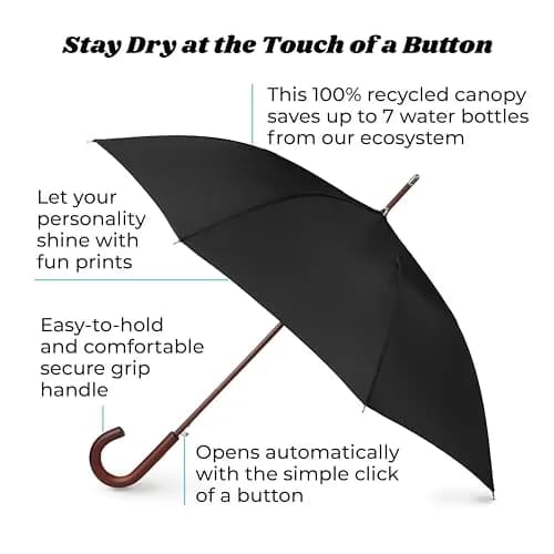 Totes Auto Open Water Repellent Stick Umbrella with Classic Wood J Hook Handle | Elegant, Durable & Rain-Ready thumbnail 2