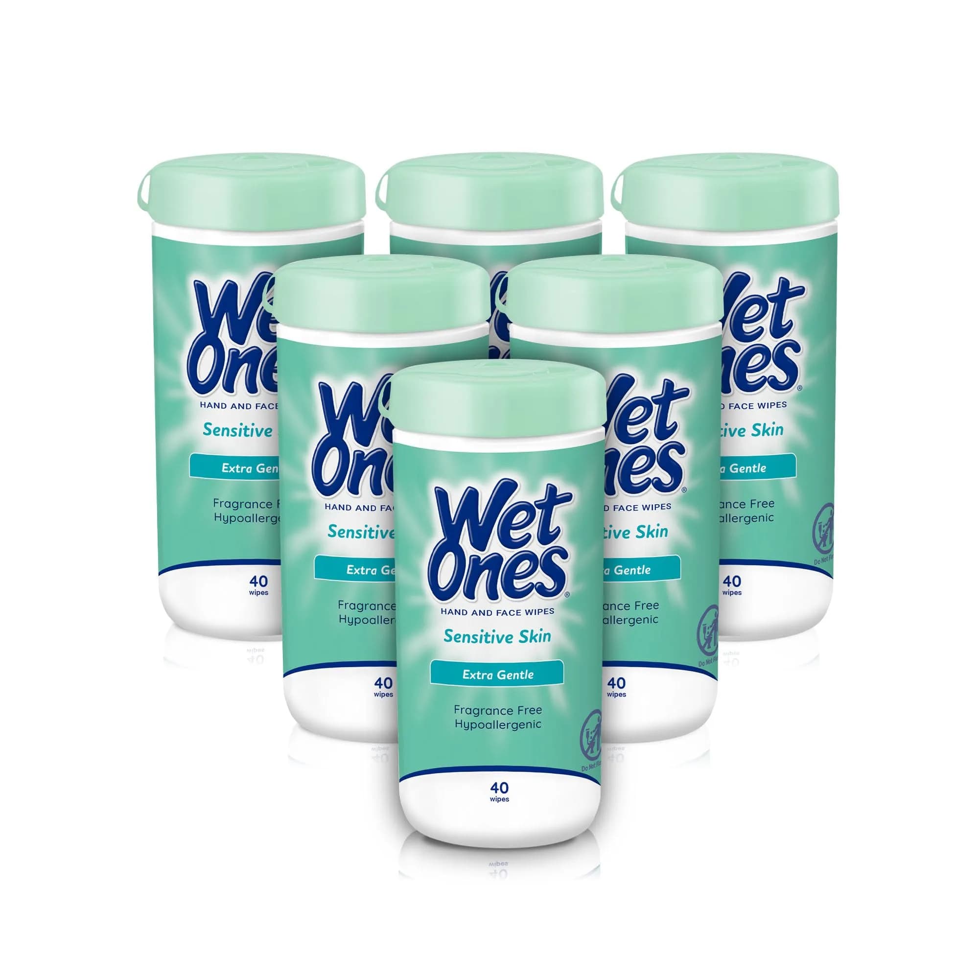 Wet Ones Sensitive Skin Hand & Face Wipes Unscented 40 ct (240 ct Total) | Hypoallergenic & Pediatrician Tested