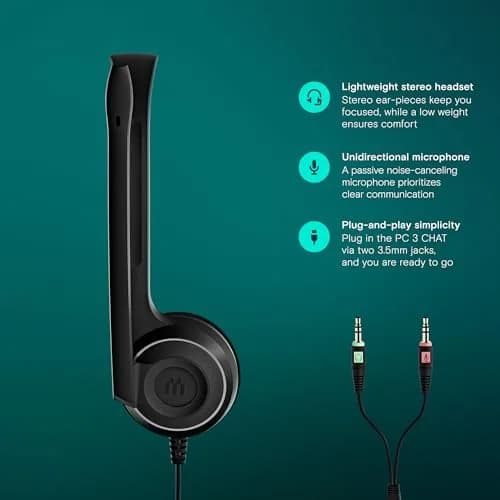 EPOS PC 3 Headset Wired On-Ear Noise Cancelling Microphone Lightweight Stereo thumbnail 3