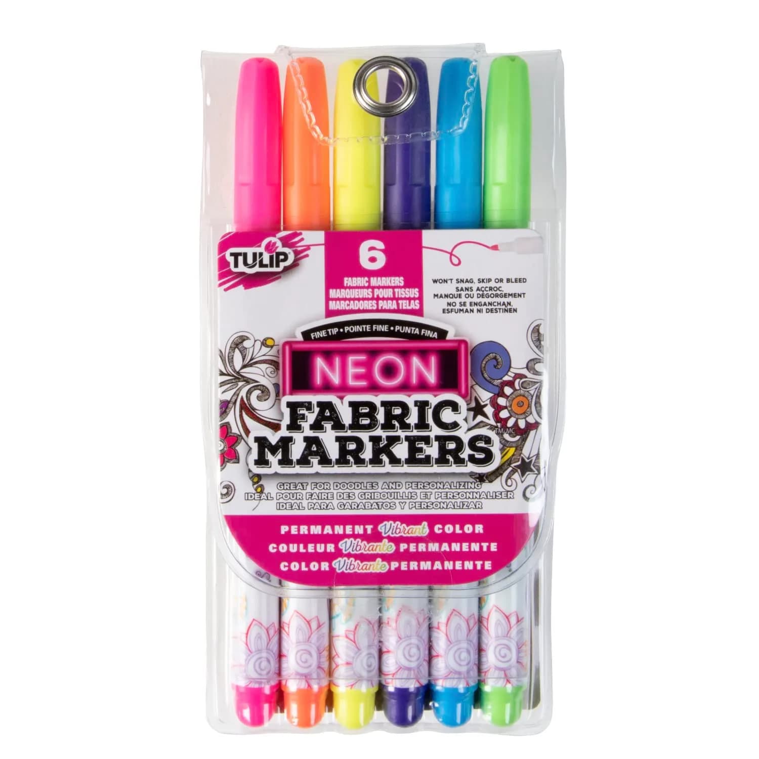 Tulip Permanent Fabric Markers Neon 6 Pack | Fine Tip, Child Safe, Non-Toxic, Wash-Fast - main product image