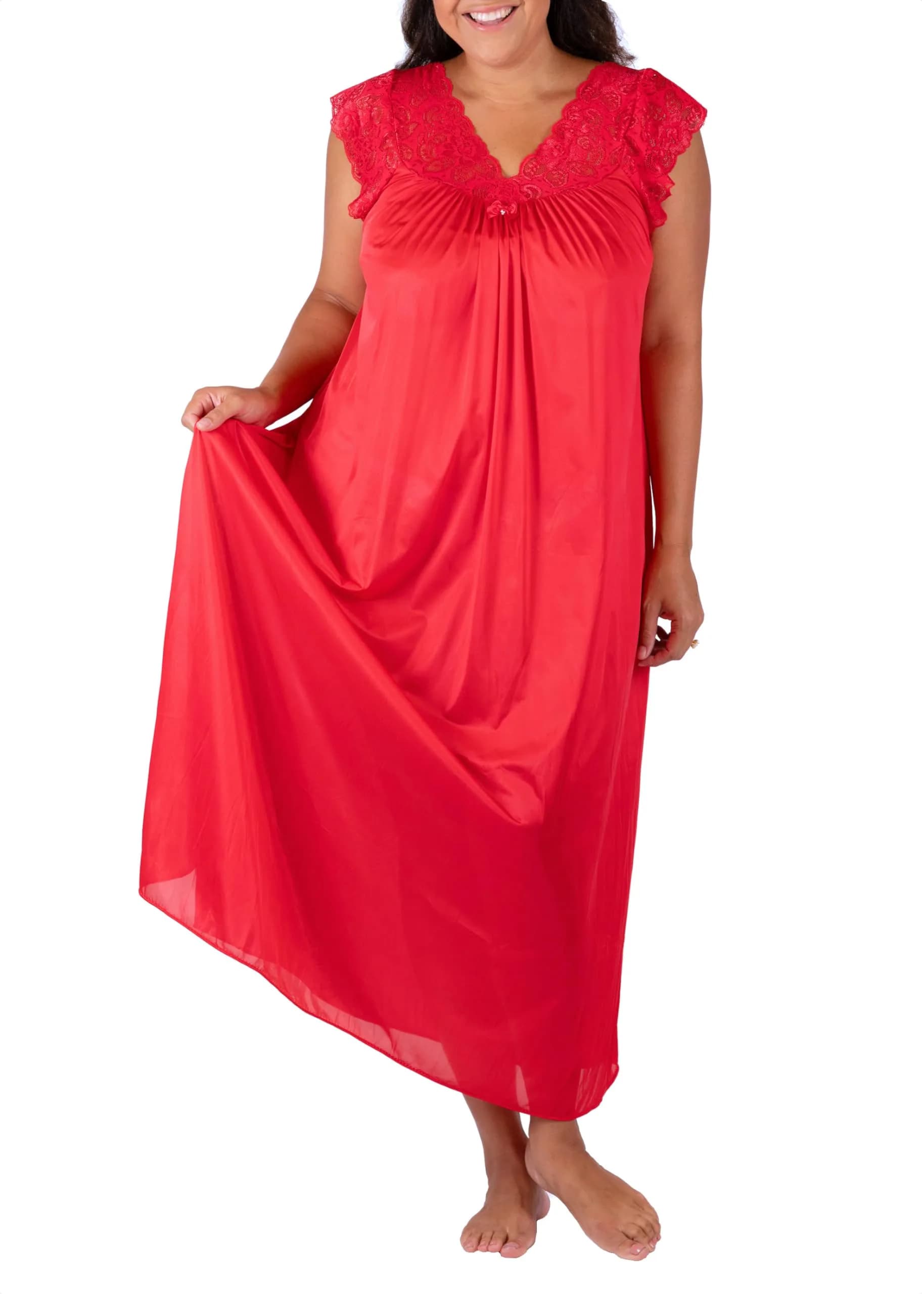 Shadowline Women’s Ivory Long Lace Nightgown | 53" Length Elegant Sleepwear from Satintrique Nylon — Red / 1X
