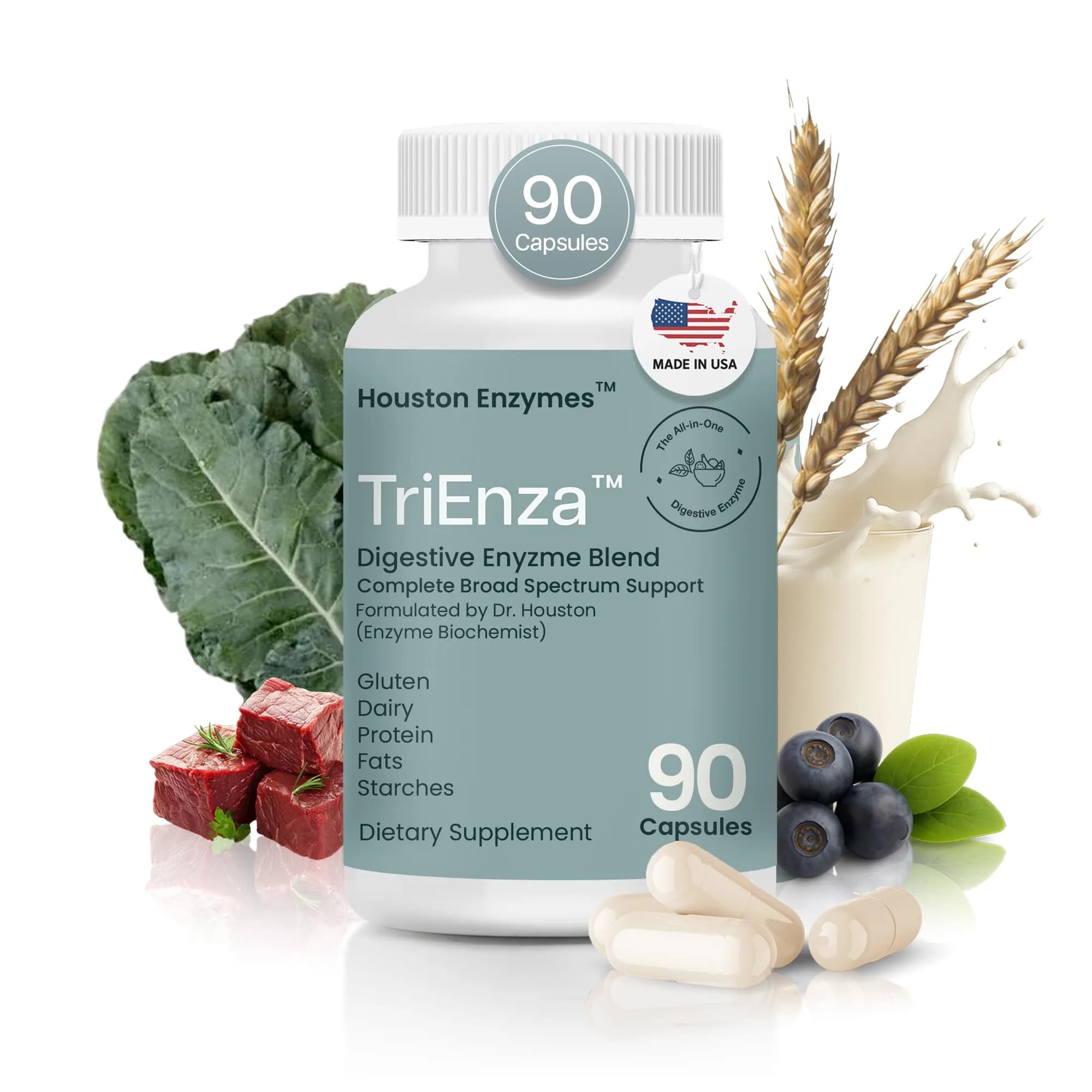 Houston Enzymes TriEnza Digestive Enzyme Supplement 60 Capsules | Supports Gluten, Casein, Soy Digestion — Unflavored