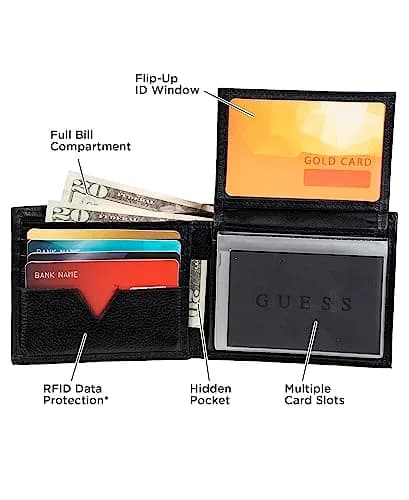 GUESS Men's Black Full-Grain Leather Passcase Wallet | RFID Blocking, 6 Card Slots, ID Window thumbnail 5