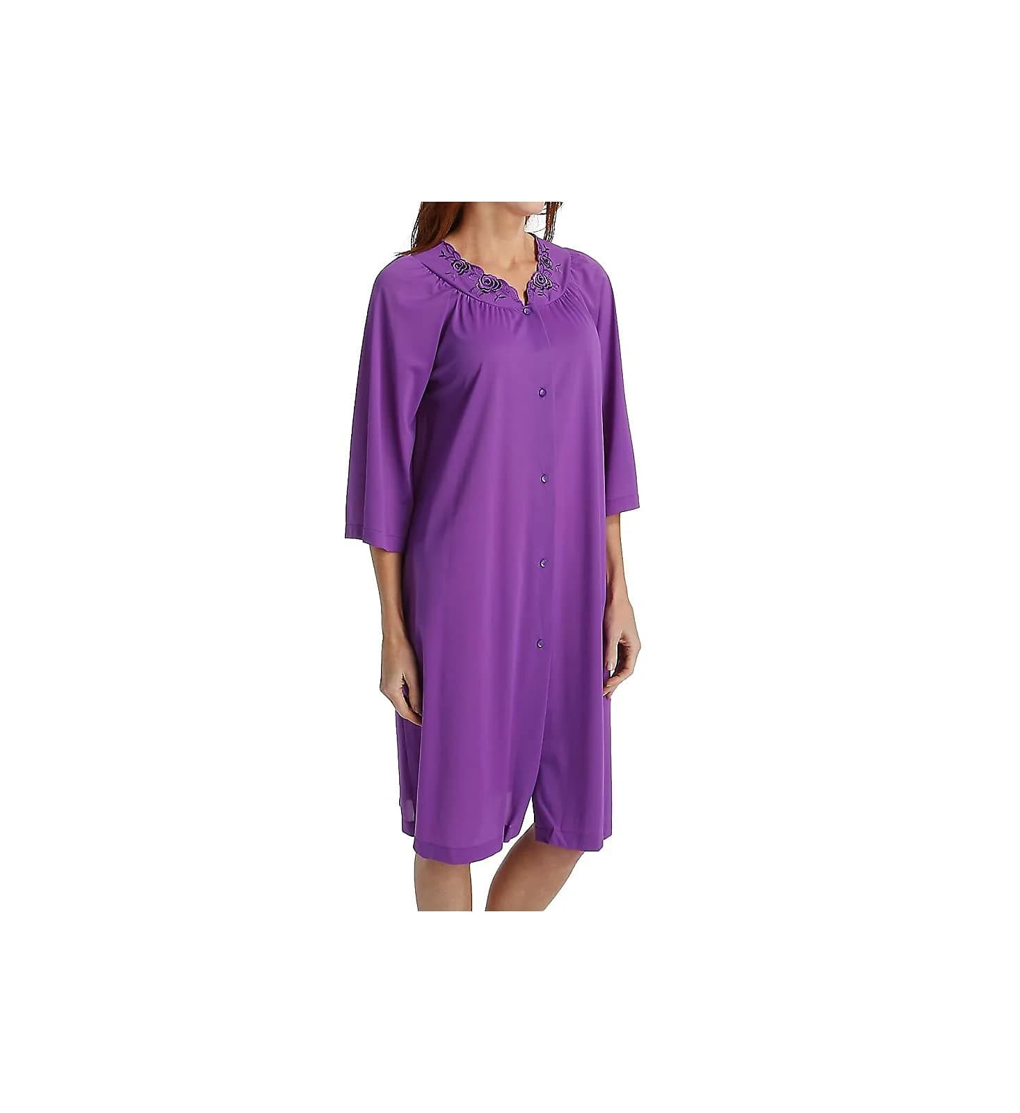 Shadowline Women's Petals 3/4 Sleeve Button Front Robe, Pink, Small | Floral Embroidered Nightgown for Women — Purple / Medium