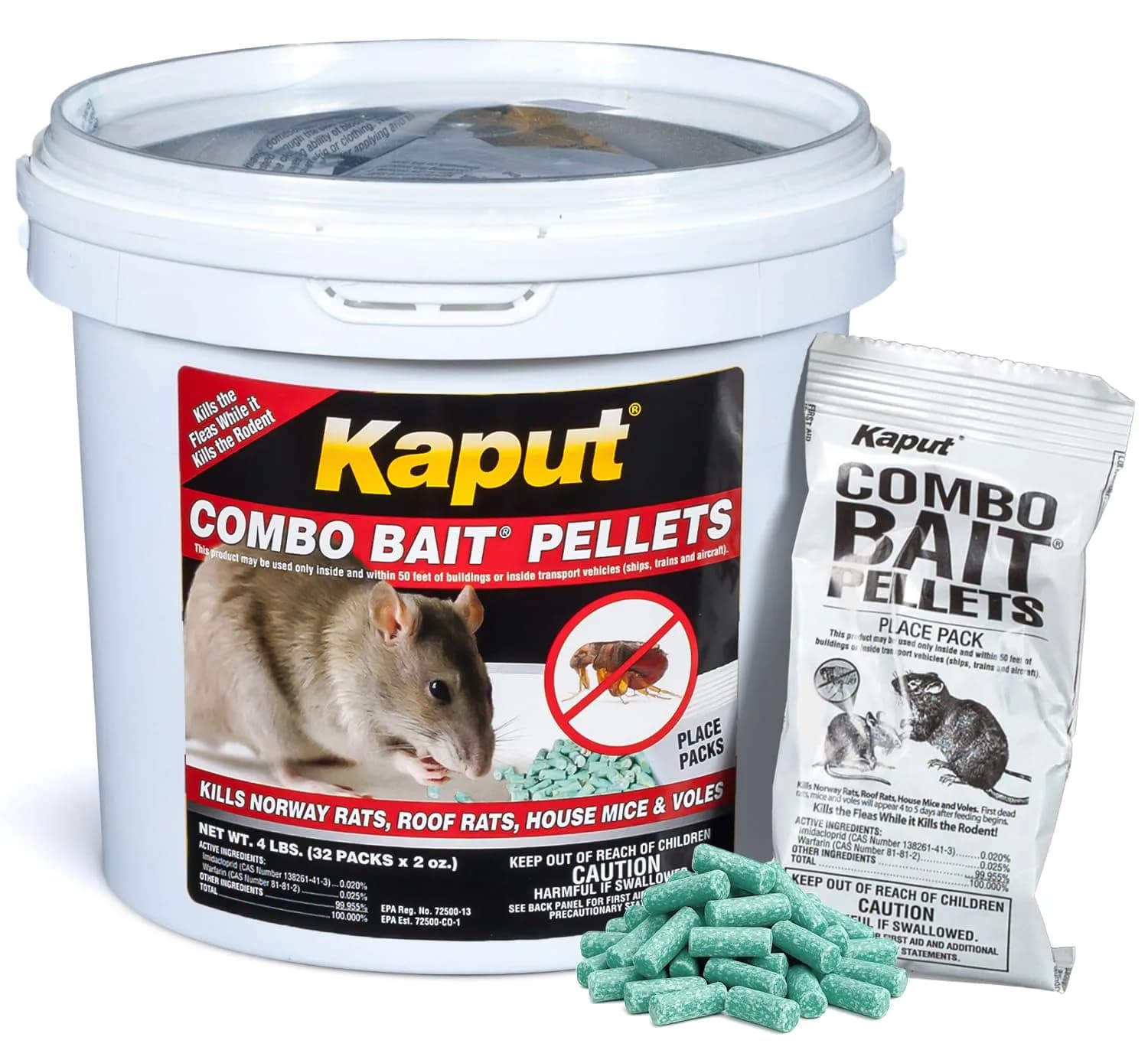 Kaput Combo Bait Pellets Rat & Flea Killer with Warfarin & Imidacloprid, 64 oz (32 x 2oz Place Packs) | EPA Registered Rodenticide - main product image