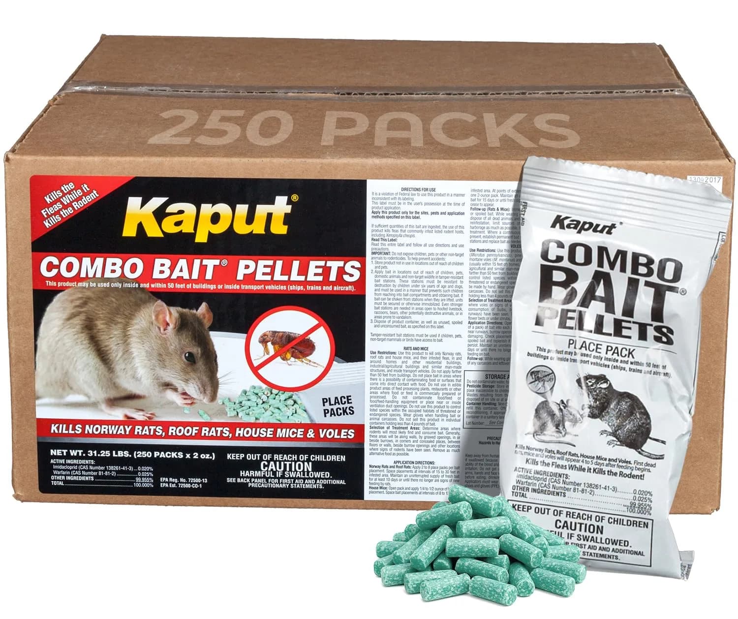 Kaput Combo Bait Pellets Rat & Flea Killer with Warfarin & Imidacloprid, 64 oz (32 x 2oz Place Packs) | EPA Registered Rodenticide — 2 Ounce