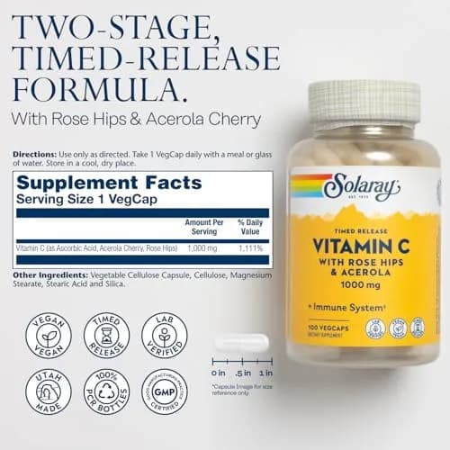 SOLARAY Vitamin C 1000mg - Time Release Capsules with Rose Hips & Acerola | All-Day Immune Support thumbnail 2