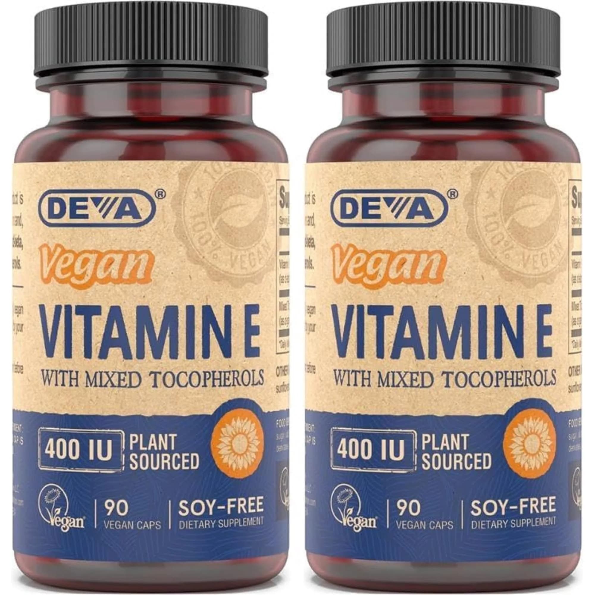 DEVA Vegan Natural Source Vitamin E 400IU with Mixed tocopherols | Soy-Free, Non-GMO, Vegan, 90 Veg Caps (Pack of 2) - main product image