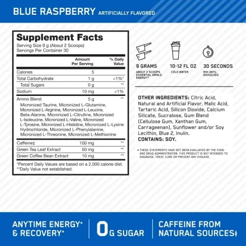Optimum Nutrition Amino Energy Pre Workout Powder Blue Raspberry 255g (8.99 oz) | Energy & Focus Blend thumbnail 3