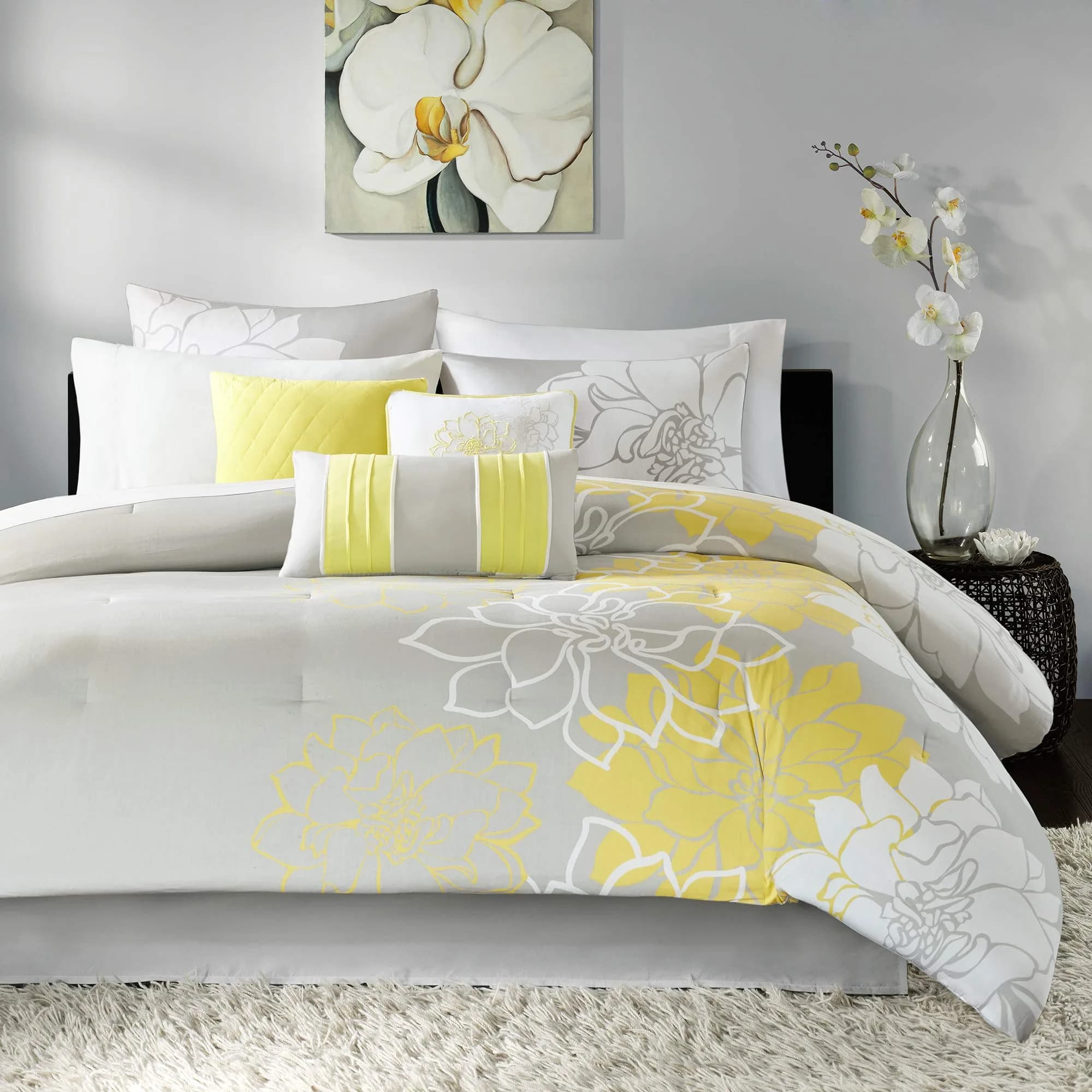 Madison Park Sateen Cotton Comforter Set, 7PC Cal King | Floral Medallion Design, All Season, OEKO-TEX Certified — Floral Grey/Yellow / King