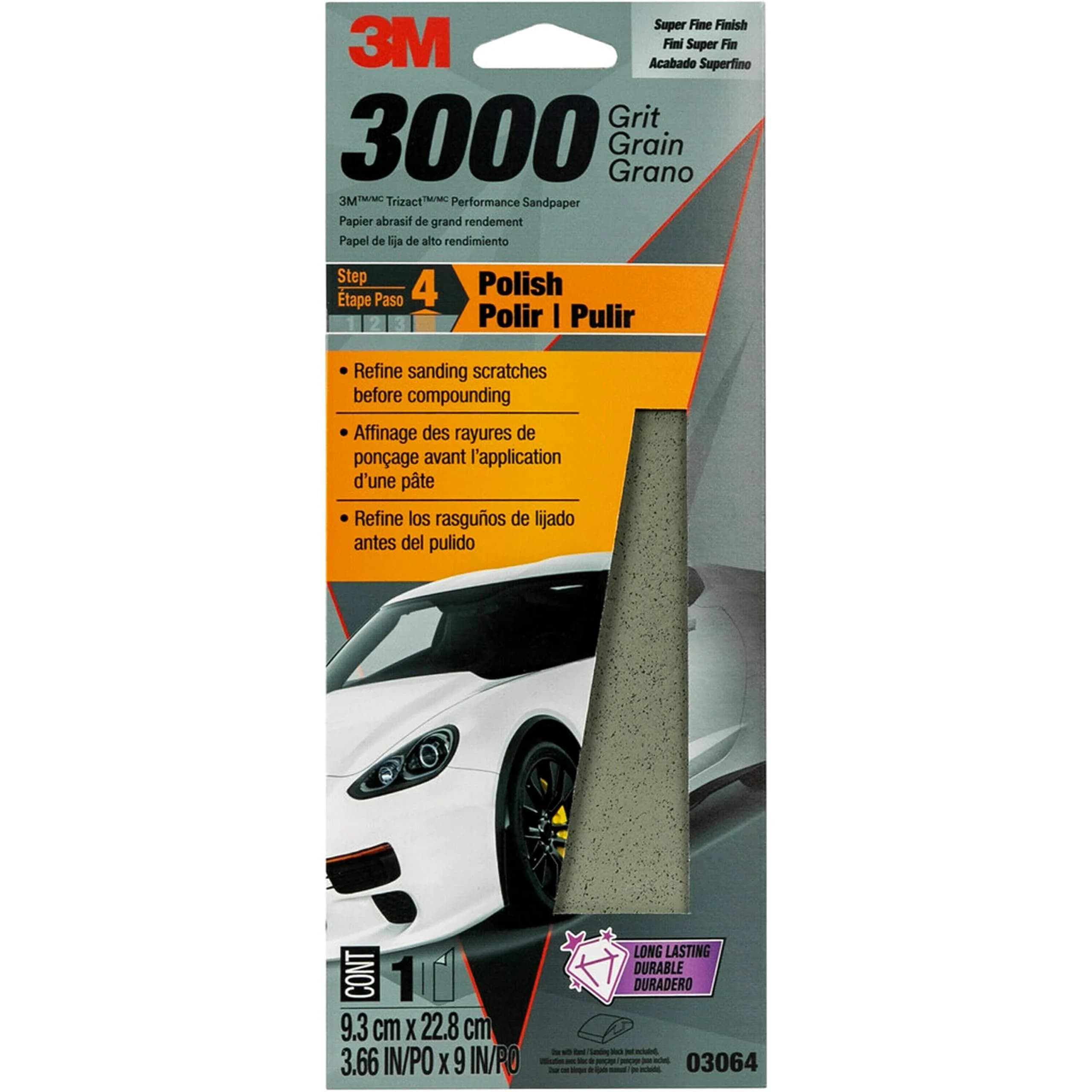 3M Performance 3000 Grit Sandpaper Sheet 9.5cm x 22.9cm (3-2/3 in x 9 in) | Polishes Clear Coat & Paint - main product image