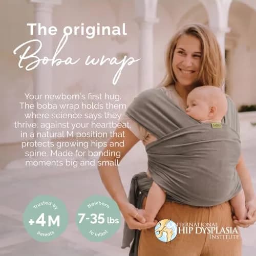 Boba Baby Wrap Carrier - Stretch Cotton Newborn Sling, Grey | Ergonomic, Hip-Healthy & Supportive thumbnail 2