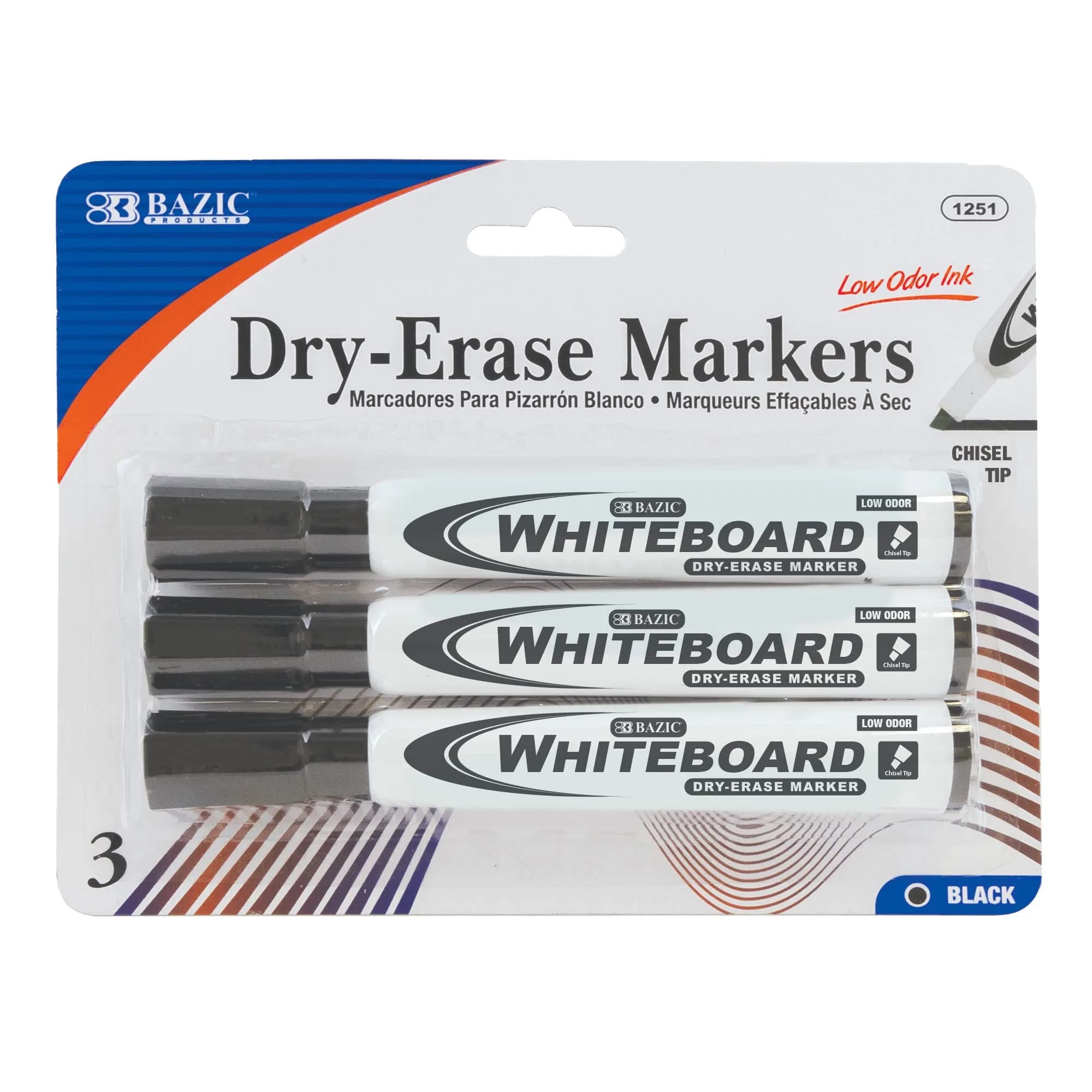 BAZIC PRODUCTS Black Chisel Tip Dry Erase Markers, Low-Odor, 3 Count | Writes Bold or Broad Lines on Whiteboards — Black