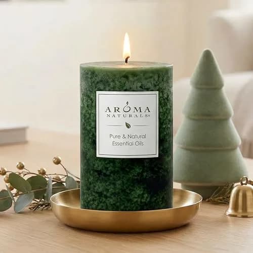 Aroma Naturals Holiday Juniper, Spruce & Basil Pillar Candle 6.35cm x 10.16cm | Fresh Forest Scented Candle thumbnail 5