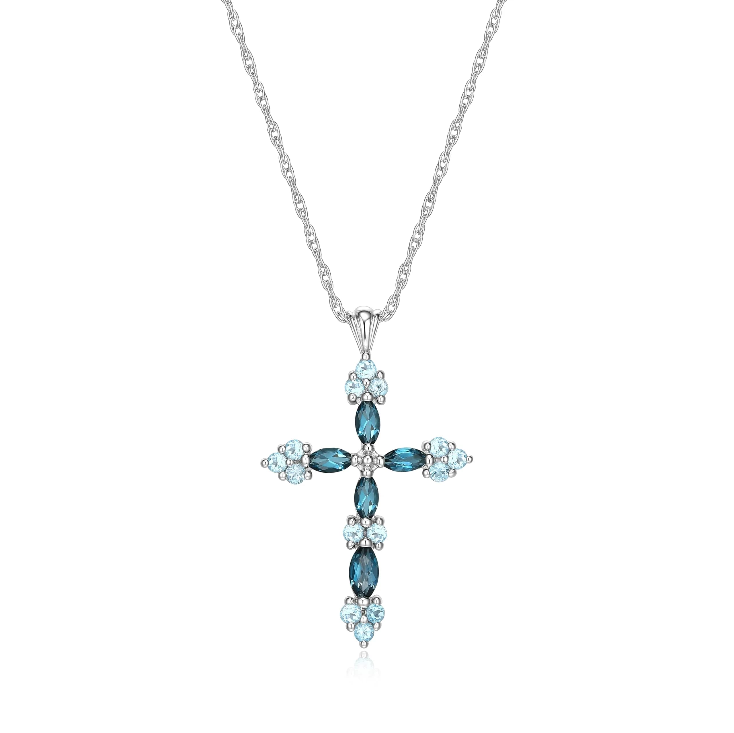MORGAN & PAIGE Silver Rhodium Plated Cross Swiss London Blue Topaz Necklace | December Birthstone Faith Jewelry