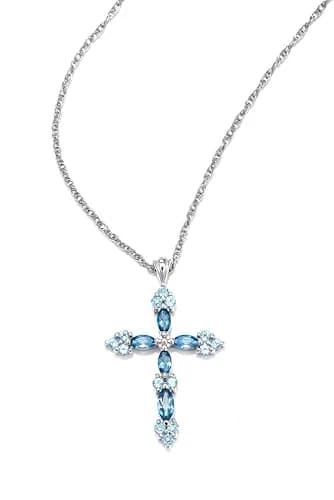 MORGAN & PAIGE Silver Rhodium Plated Cross Swiss London Blue Topaz Necklace | December Birthstone Faith Jewelry thumbnail 5