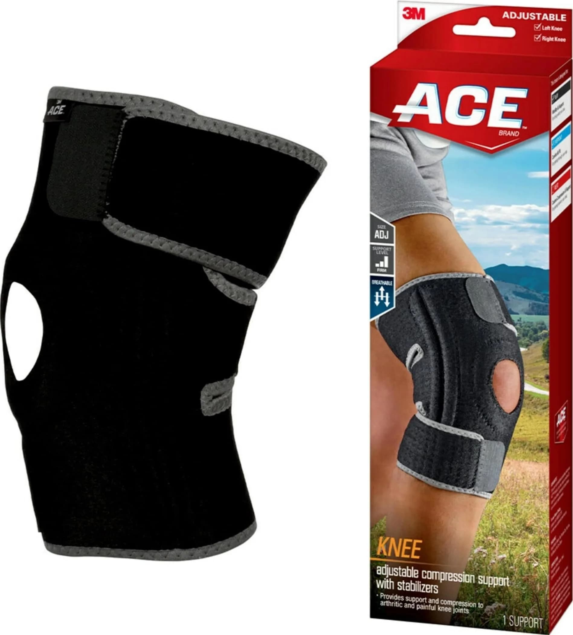 ACE Brand Adjustable Knee Brace with Side Stabilizers & Compression 1 Unit | Orthopedic Brace for Arthritis & Joint Pain — Black