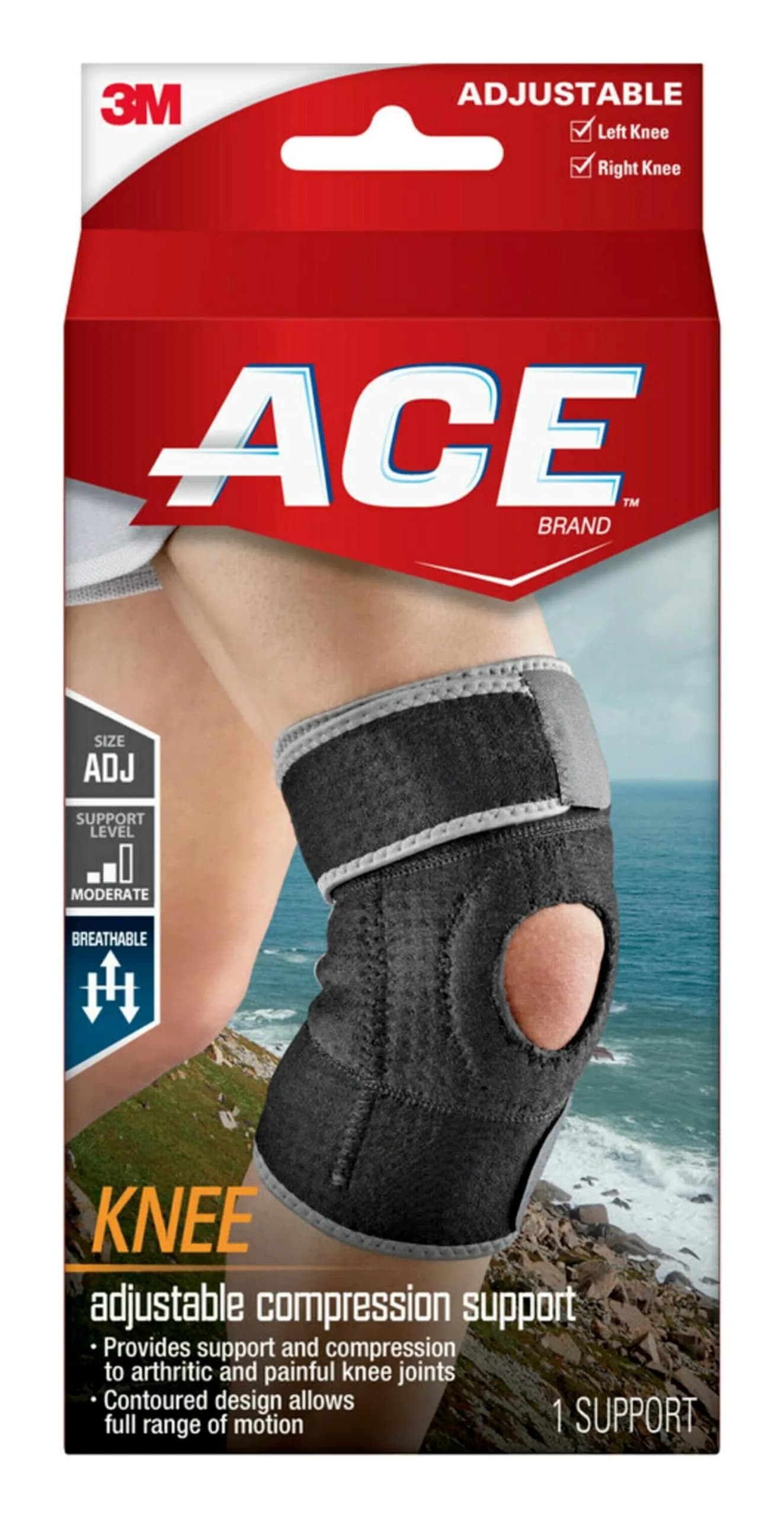 ACE Adjustable Knee Brace Support & Compression for Arthritic & Painful Knees | Breathable, Odor-Resistant, One Size — Black