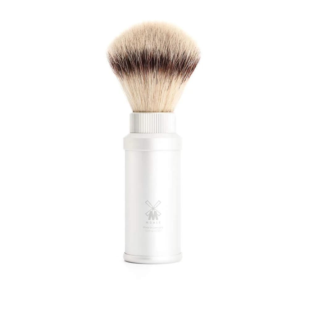 MÜHLE Travel Black Shaving Brush for Men with Synthetic Silvertip Fibre | Compact, Lightweight & Fast-Drying — Silver