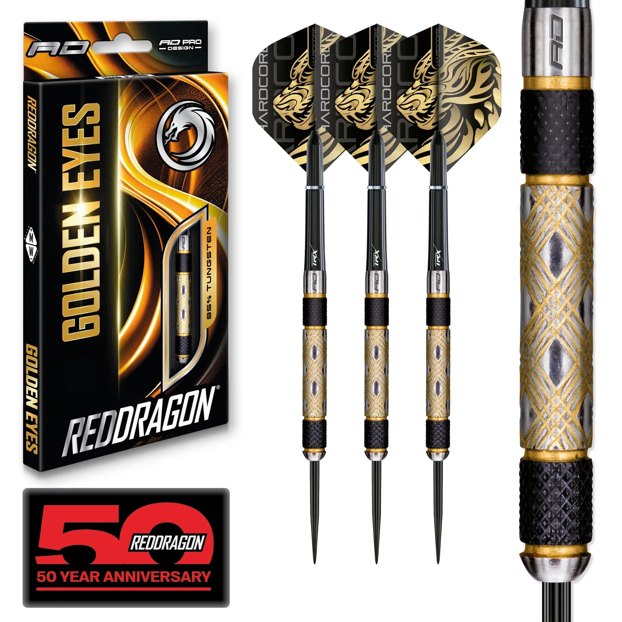 RED DRAGON Golden Eyes 22g Steel Tip Darts Set | 85% Tungsten, Laser-Etched Aluminum Shafts - main product image