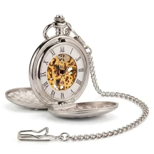 ShoppeWatch Men’s Silver Pocket Watch with Chain | Hand Winding Vintage Pocket Watch | Classic Mechanical Movement Pocketwatch | 1920s Railroad Steampunk Costume Accessory PW20 thumbnail 1