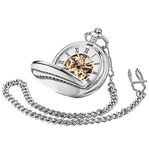 ShoppeWatch Men’s Silver Pocket Watch with Chain | Hand Winding Vintage Pocket Watch | Classic Mechanical Movement Pocketwatch | 1920s Railroad Steampunk Costume Accessory PW20 thumbnail 5